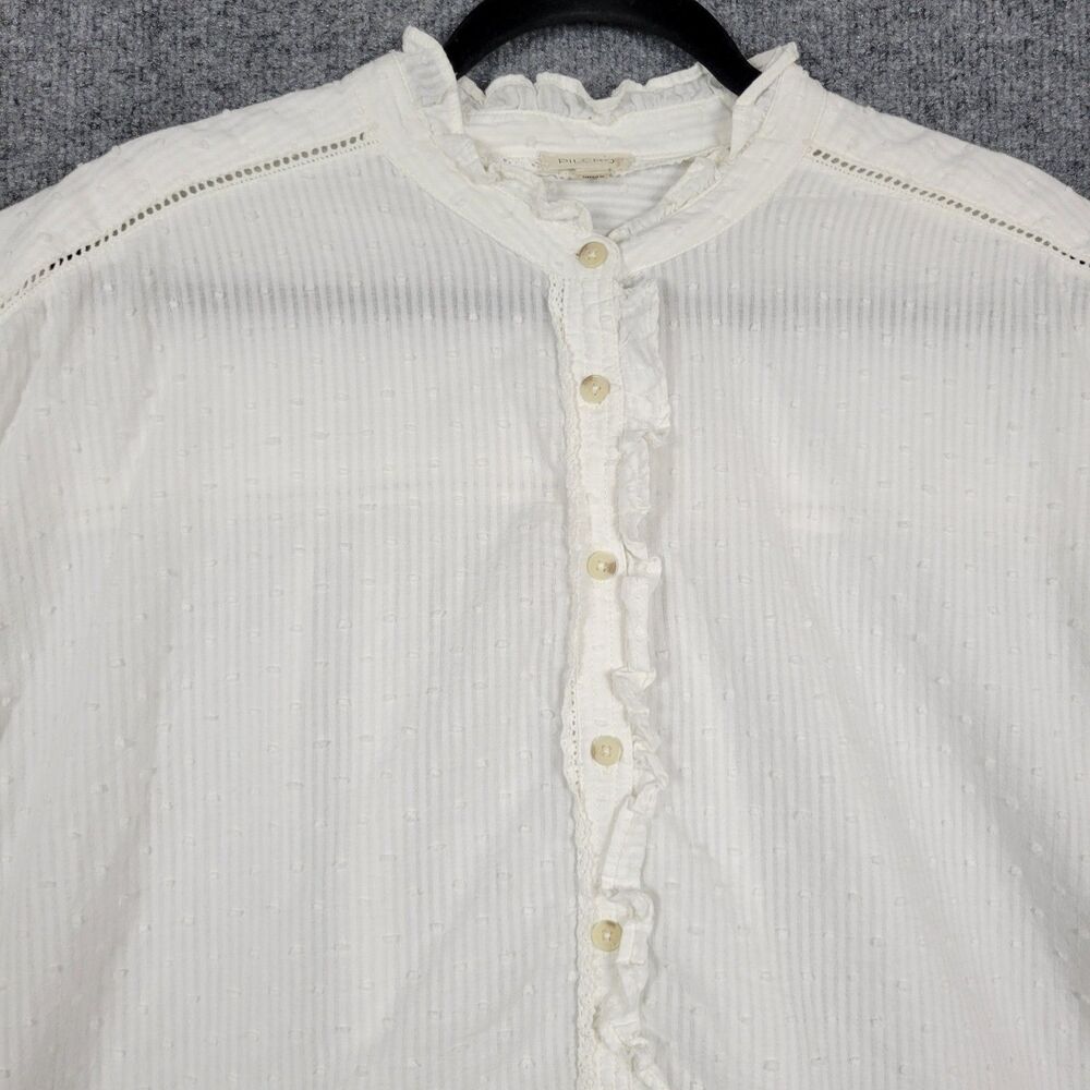 PILCRO Oversized Ruffled Blouse White Swiss Dot Striped Button Up Top SIZE XL - Picture 6 of 15